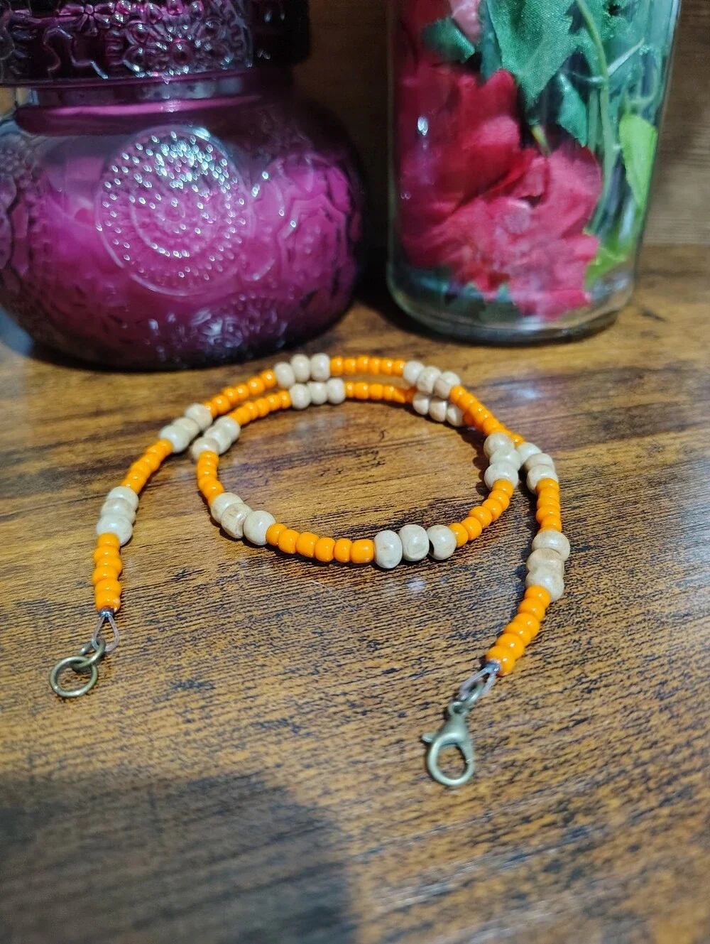 Handmade Orange  Beaded Men's Necklace With Wood Beads